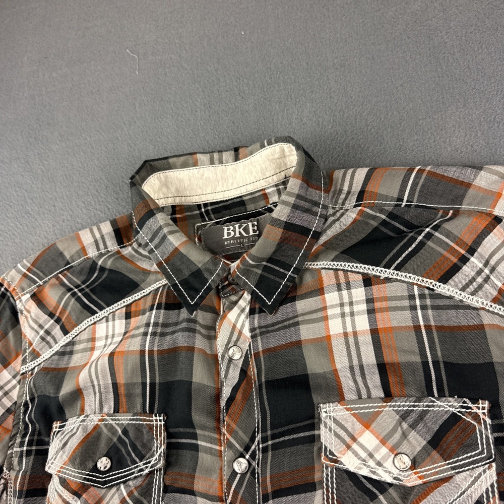 BKE Pearl Snap Shirt Men's L Gray Orange Plaid Athletic Fit Long Sleeve Western